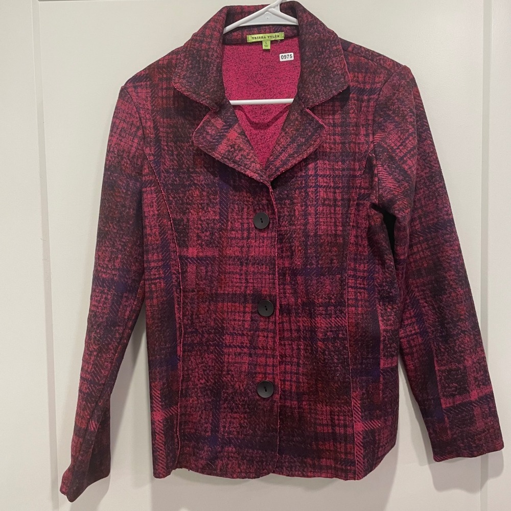 Trisha Tyler Womens Pink Purple Plaid Knit Button Front Cardigan Jacket Size S